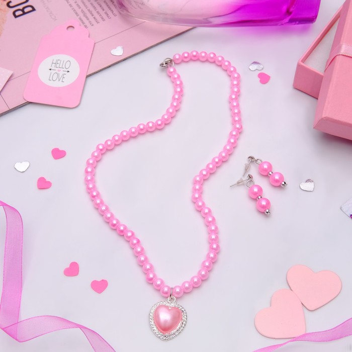 Набор 2 предмета: серьги, колье "Ванесса" сердце, цвет розовый в серебре