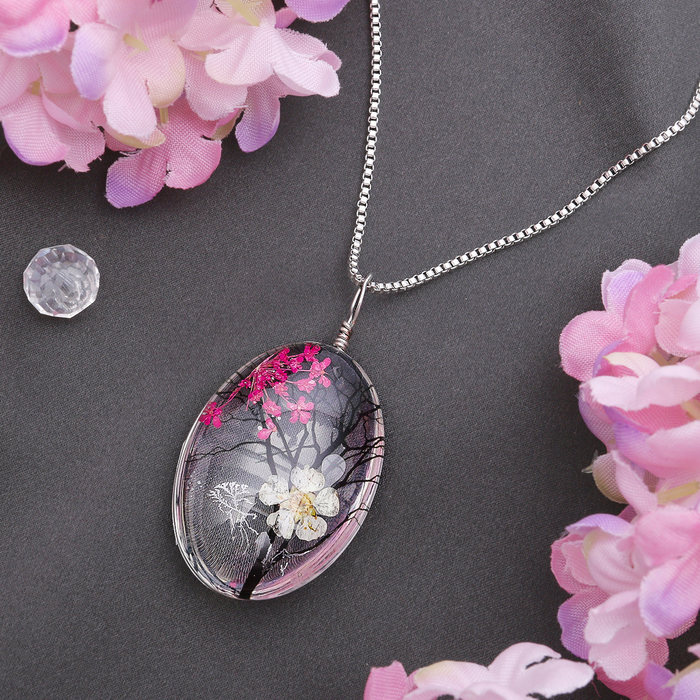 Кулон из стекла "Венеция" дерево в овале, цветной в серебре