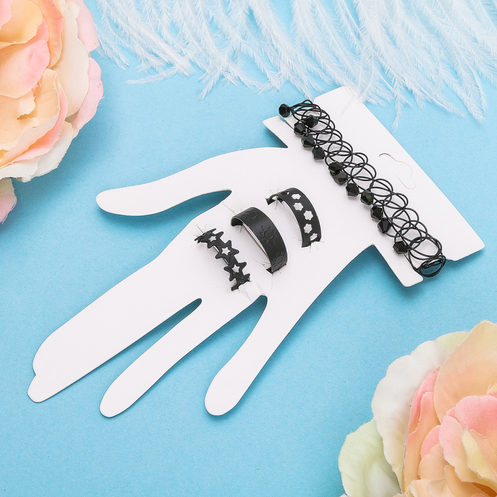 Набор 3 предмета: чокер, 2 кольца: "Джесси" ряд бусин, цвет чёрный