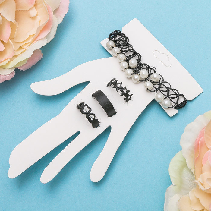 Набор 3 предмета: чокер, 2 кольца: "Джесси" ряды бусин, цвет бело-чёрный