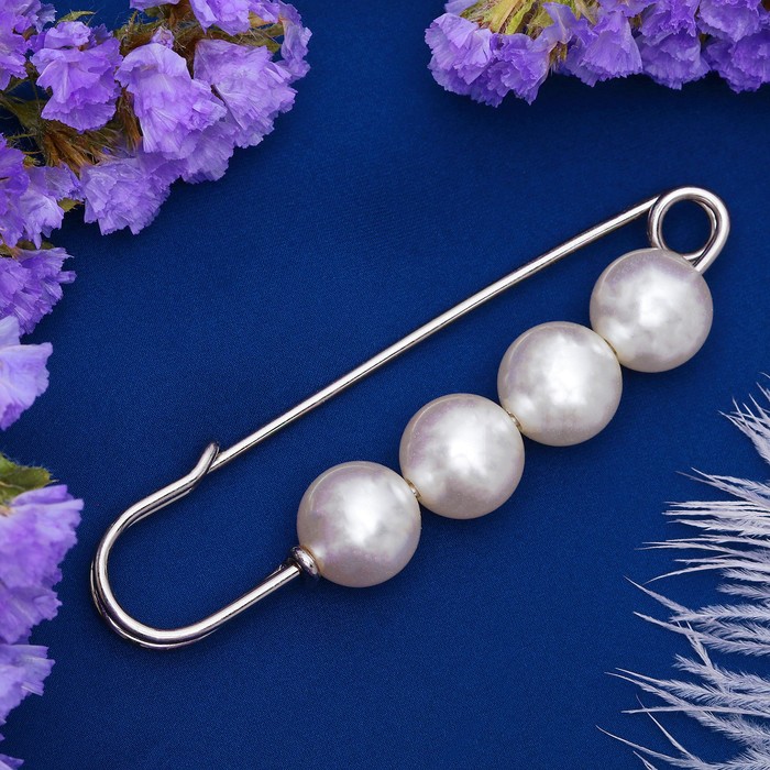 Булавка "Шарики" нежность, 7,3 см, белые в серебре