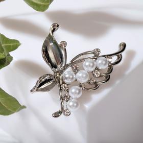 Брошь «Бабочка» с жемчужным крылом, цвет белый в серебре