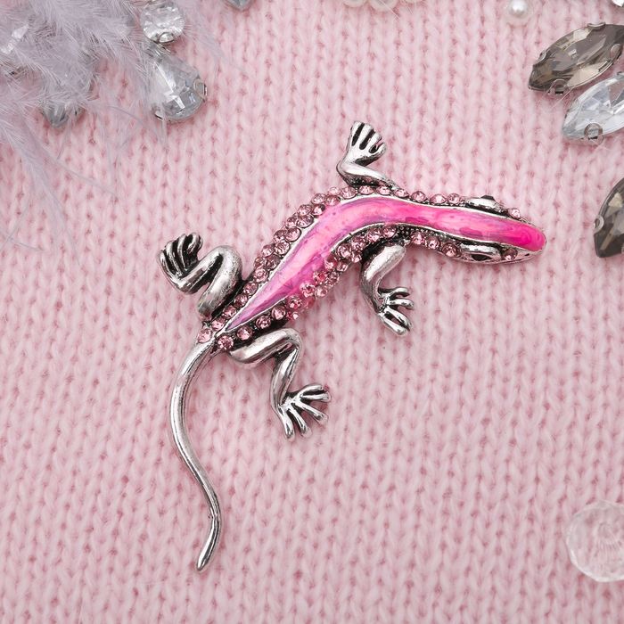Брошь "Ящерица", цвет розовый в черненом серебре