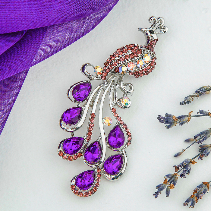 Брошь "Жар-птица" волшебная, цвет фиолетовый в серебре