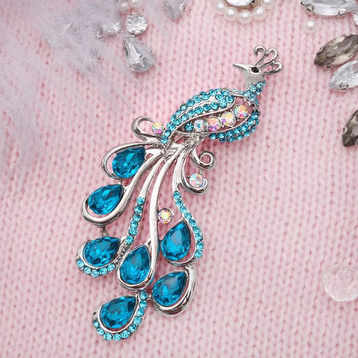 Брошь "Жар-птица" волшебная, цвет морской в серебре