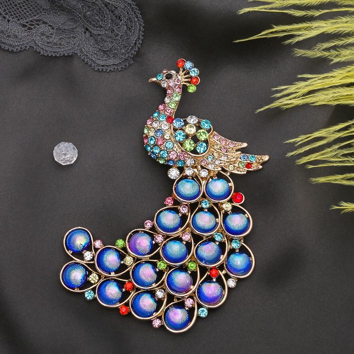 Брошь "Павлин" с длинным хвостом, разноцветная в золоте