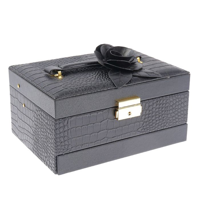 Шкатулка кожзам для украшений "Роза" чёрная 11,5х23х17 см