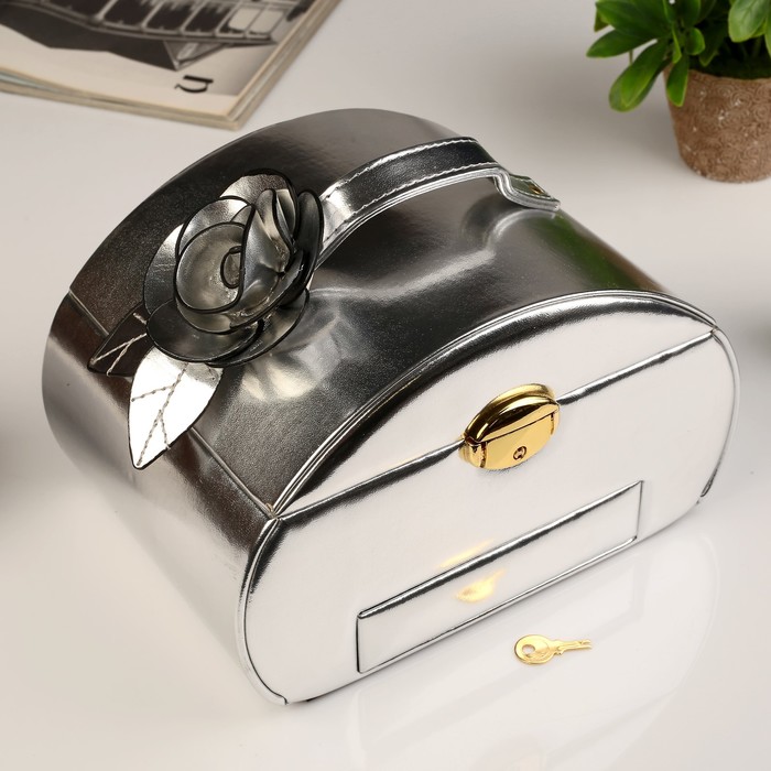 Шкатулка кожзам для украшений "Роза" серебро 14,5х23х17 см