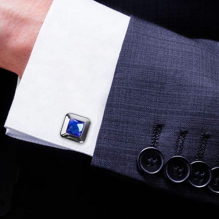 Запонки "Гранит" квадрат с камнем, цвет синий в серебре