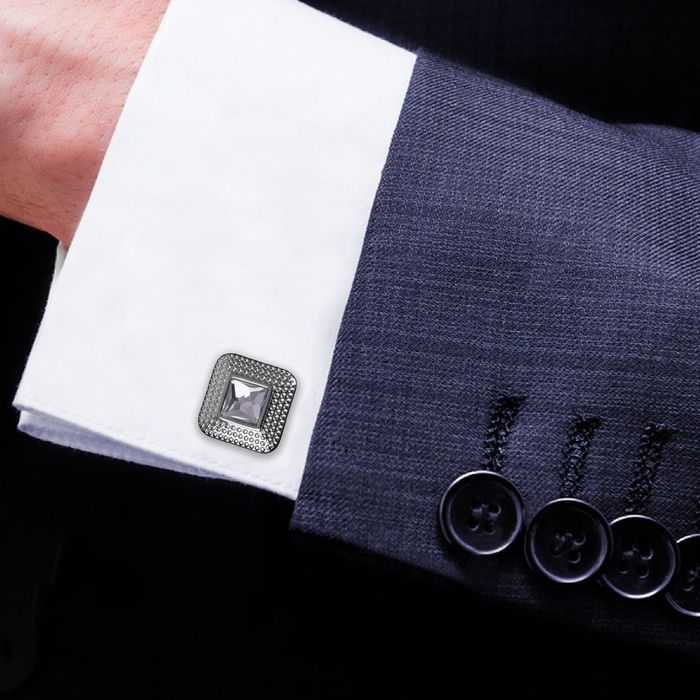 Запонки "Гранит" квадрат выпуклый с камнем, цвет белый в серебре