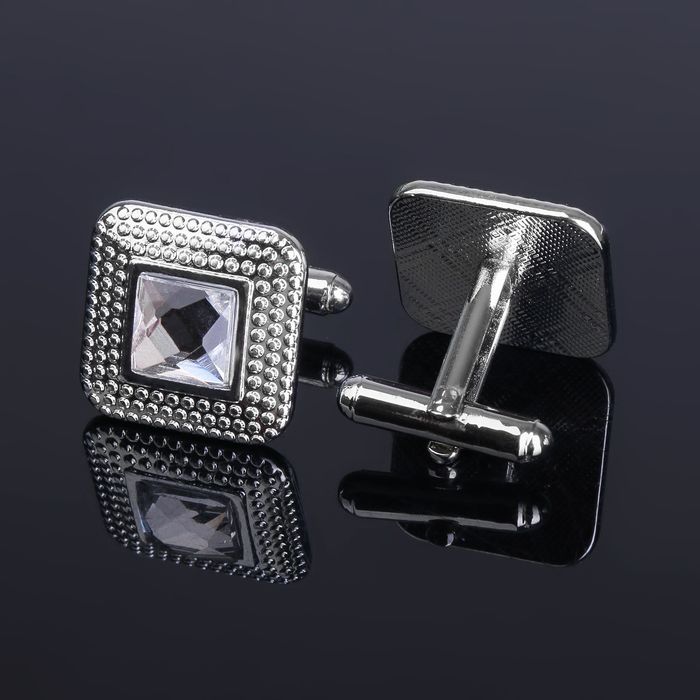 Запонки "Гранит" квадрат выпуклый с камнем, цвет белый в серебре