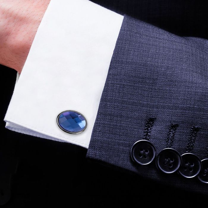 Запонки "Гранит" овал с камнем, цвет синий в серебре