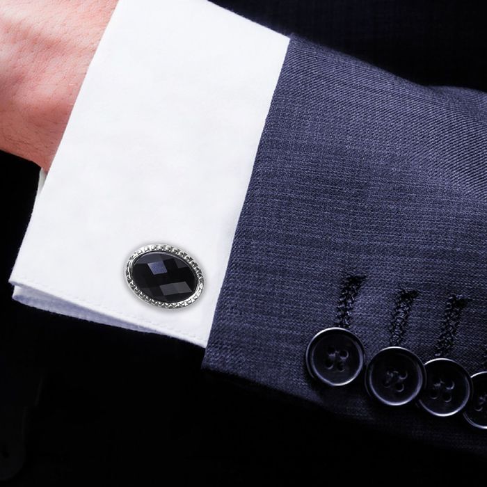 Запонки "Гранит" овал с камнем, цвет чёрный в серебре