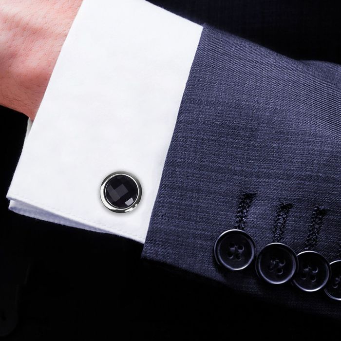 Запонки "Гранит" круг с камнем, цвет чёрный в серебре