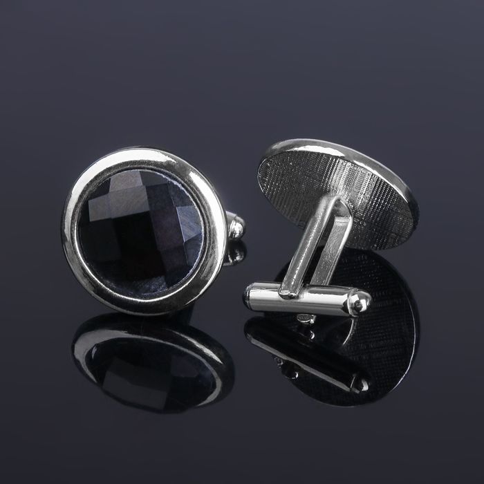 Запонки "Гранит" круг с камнем, цвет чёрный в серебре