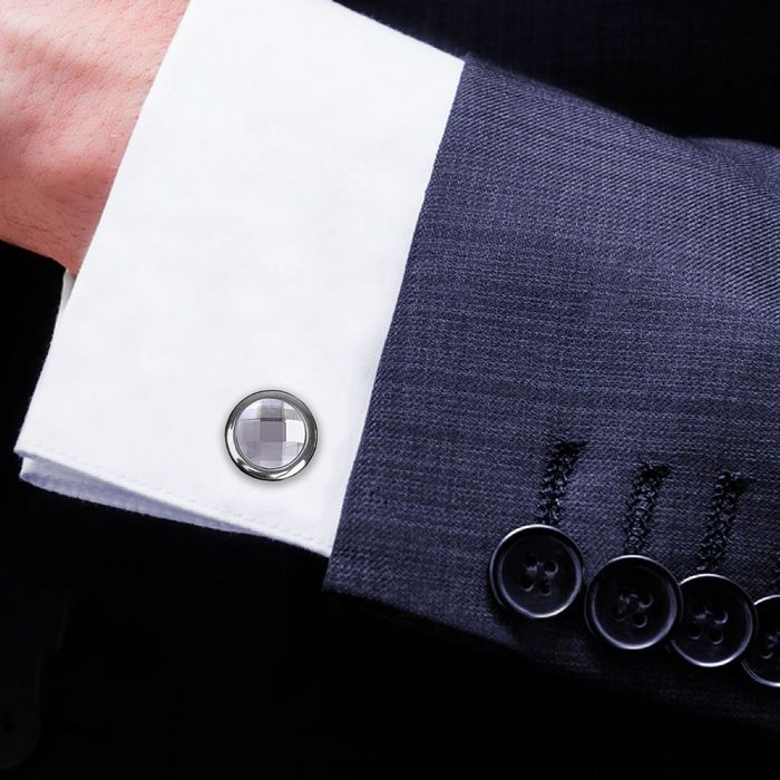 Запонки "Гранит" круг с камнем, цвет белый в серебре