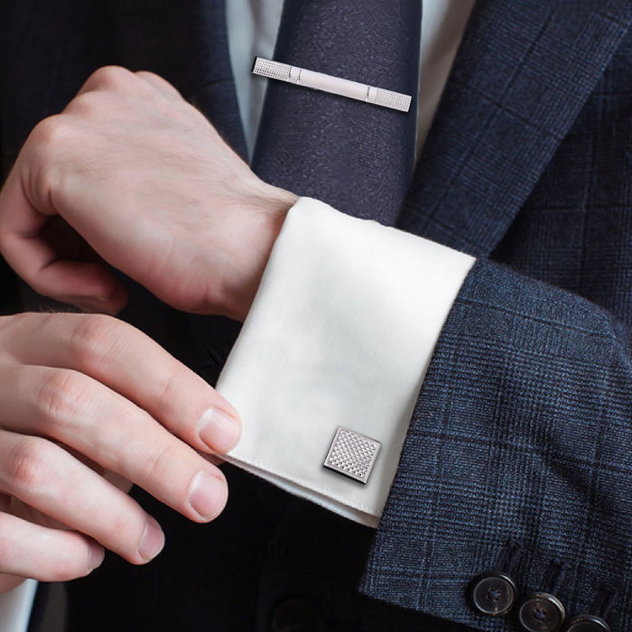 Набор мужской "Запонки + зажим для галстука" квадрат рифленый, цвет серебро