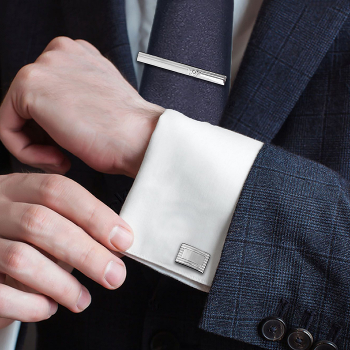 Набор мужской "Запонки + зажим для галстука" прямоугольник со стразой, цвет белый в серебре 236144