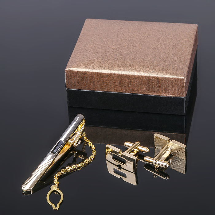 Набор мужской стальной "Запонки + Зажим для галстука" пряжка, цвет чёрный в золоте