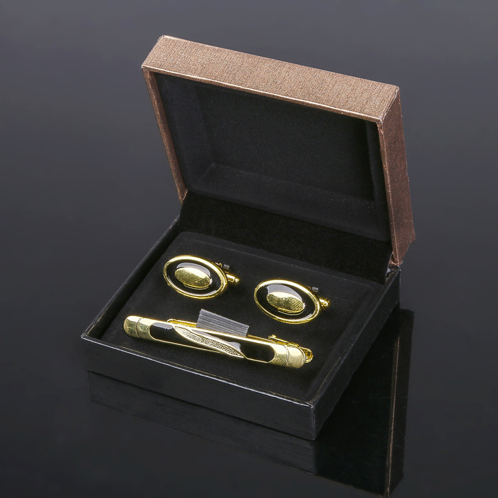 Набор мужской "Запонки + Зажим для галстука" овал с рамкой, цвет чёрный в золоте