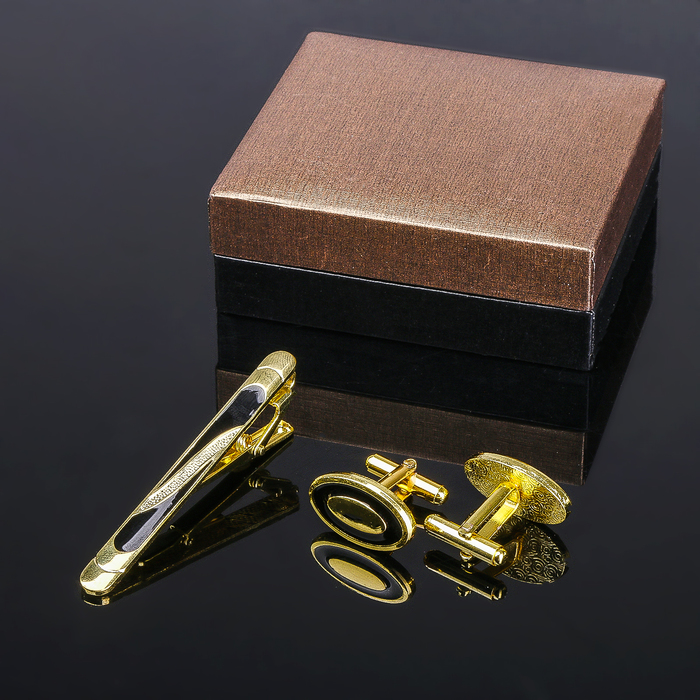 Набор мужской "Запонки + Зажим для галстука" овал с рамкой, цвет чёрный в золоте