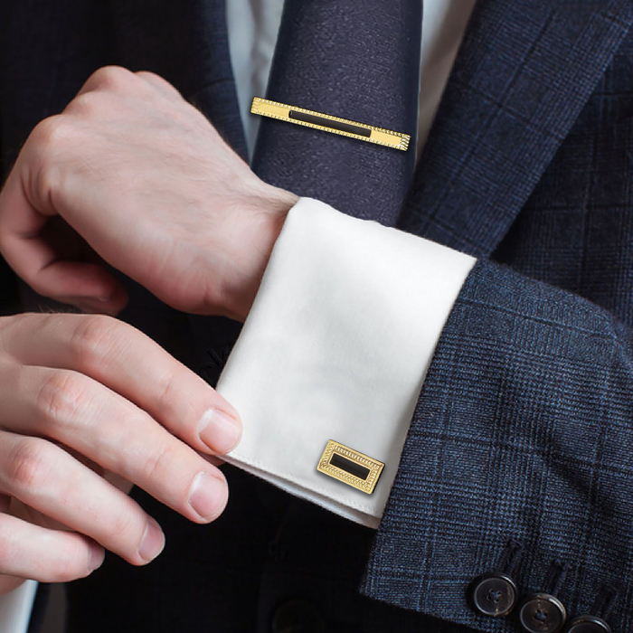 Набор мужской "Запонки + зажим для галстука" прямоугольник узкий с эмалью, цвет золотой