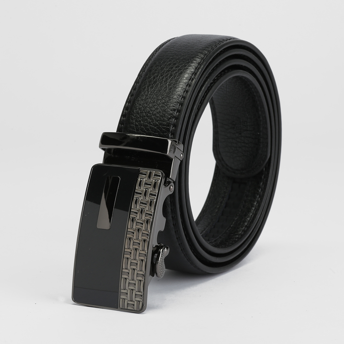 Ремень мужской, пряжка - автомат тёмный металл, ширина - 3,5 см, цвет чёрный