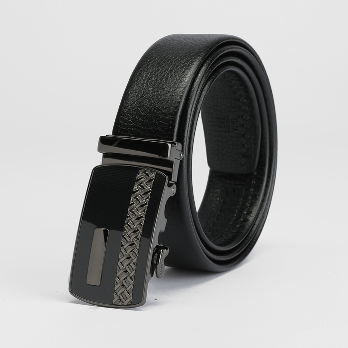Ремень мужской, пряжка - автомат тёмный металл, ширина - 3,5 см, цвет чёрный