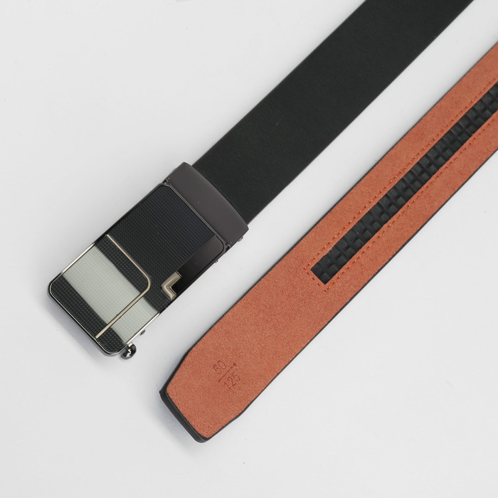 Ремень мужской, пряжка - автомат тёмный металл, ширина - 3,5 см, цвет чёрный