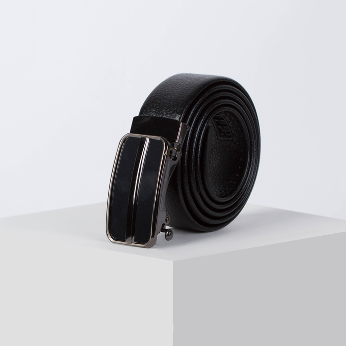 Ремень мужской, пряжка - автомат тёмный металл, ширина - 3,5 см, цвет чёрный