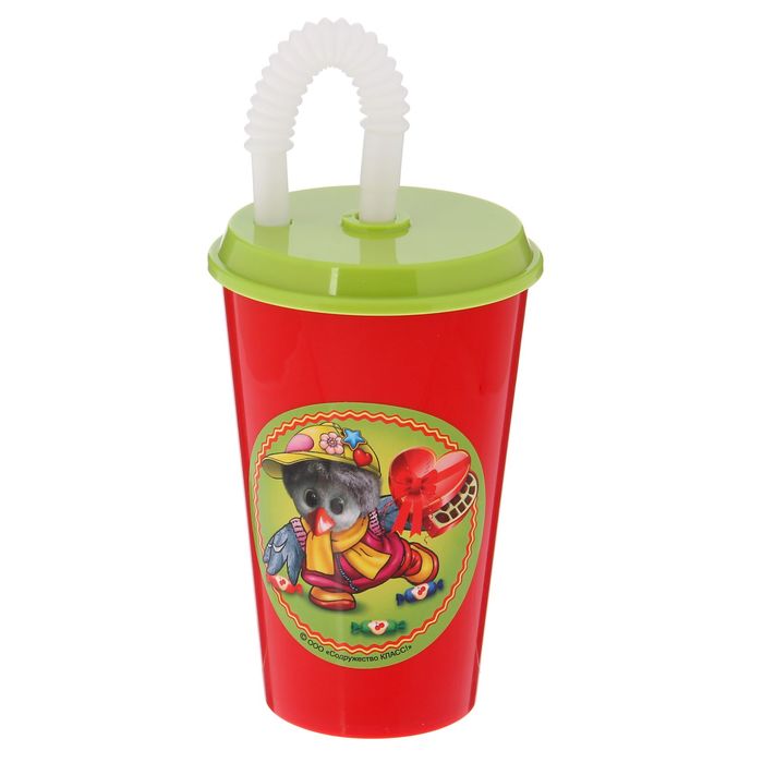 Бокал 500 мл "Каркуша с конфетами", с крышкой и трубочкой, цвет красный