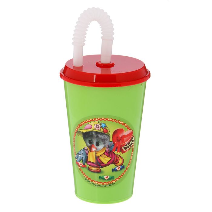 Бокал 500 мл "Каркуша с конфетами", с крышкой и трубочкой, цвет салатовый