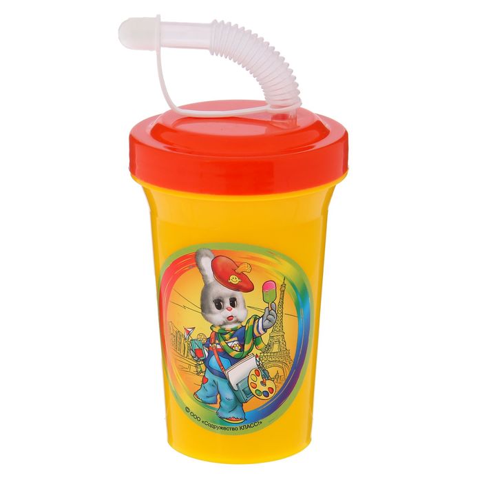 Фляга 400 мл "Степашка в Париже" с крышкой на винте и трубочкой, цвет жёлтый
