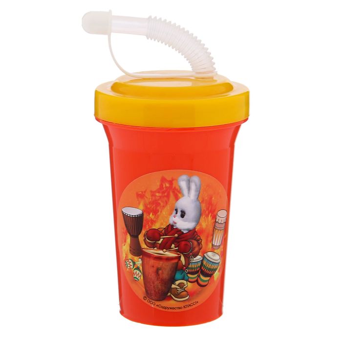 Фляга 400 мл "Степашка с барабанами" с крышкой на винте и трубочкой, цвет оранжевый