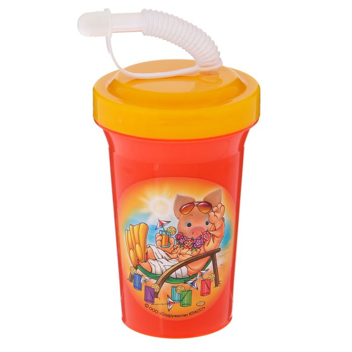 Фляга 400 мл "Хрюша на пляже" с крышкой на винте и трубочкой, цвет жёлтый