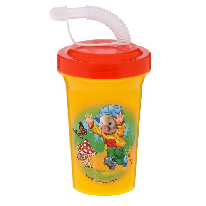 Фляга 400 мл "Хрюша с мухомором" с крышкой на винте и трубочкой, цвет жёлтый