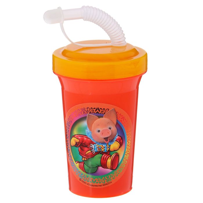 Фляга 400 мл "Хрюша-чукча" с крышкой на винте и трубочкой, цвет оранжевый