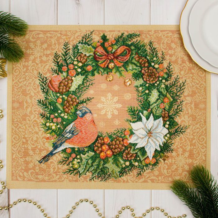 Салфетка &quot;Новогодний венок&quot; 32 х 40 см, гобелен 95% п/э, 5% хл