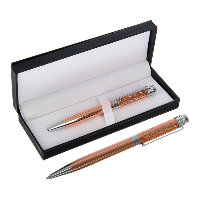 Ручка подарочная шариковая в кожзам футляре поворотная VIP корпус золотой с сереб вставками