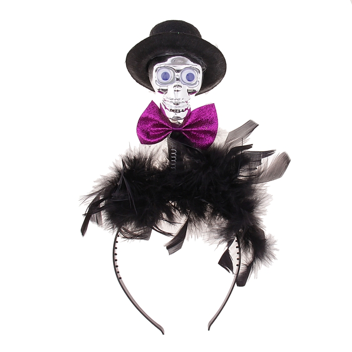 Карнавальный ободок" Череп в шляпе с бабочкой, перья", цвета МИКС