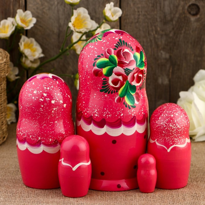 Матрёшка «Кружева и цветы», розовый платок, 5 кукольная, 19 см