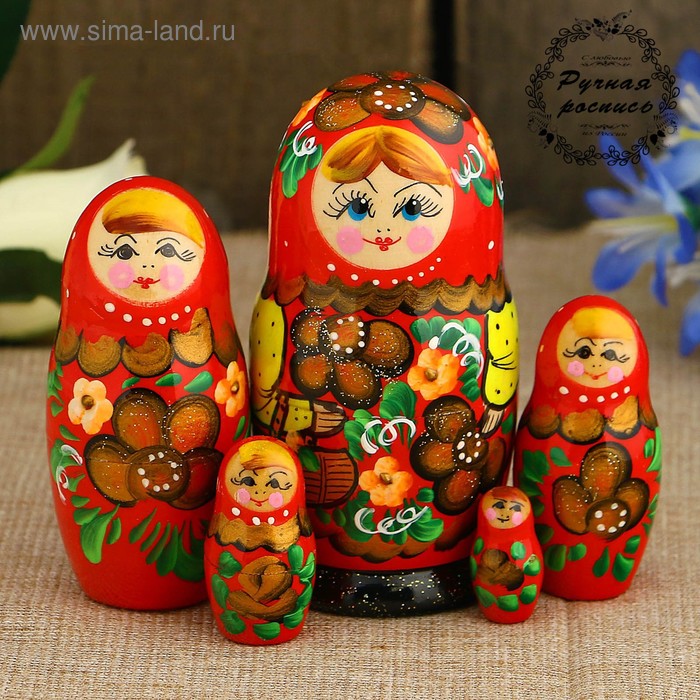 

Матрёшка «Золотая корзинка», красный платок, 5 кукольная, 10,5 см