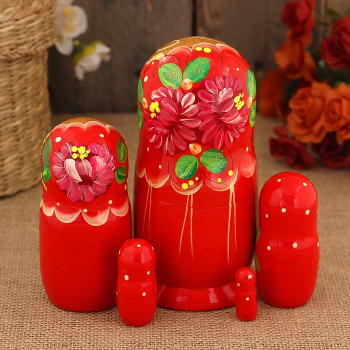 Матрёшка «Русая коса», красный платок, 5 кукольная, 15 см