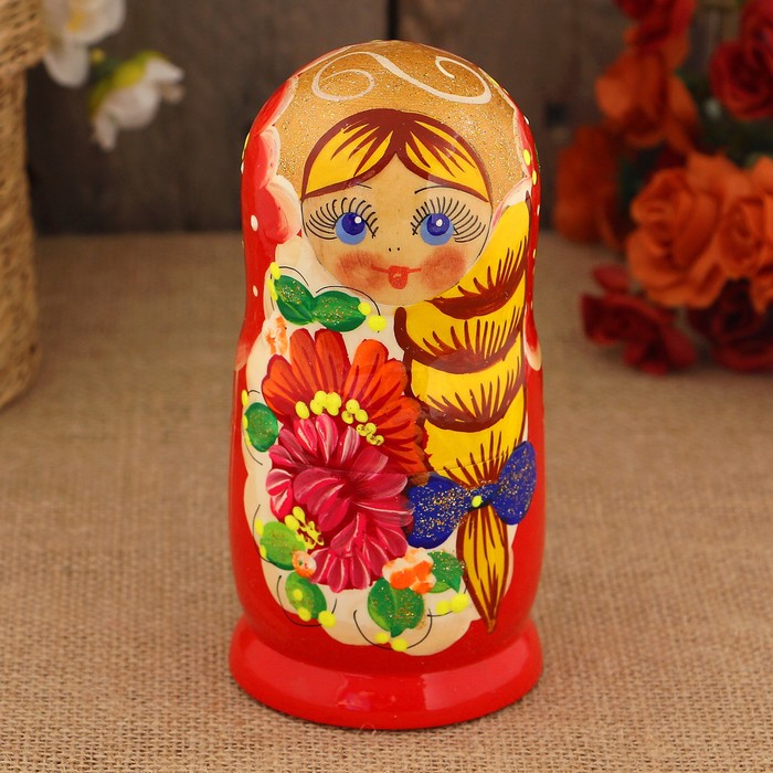 Матрёшка «Русая коса», красный платок, 5 кукольная, 15 см