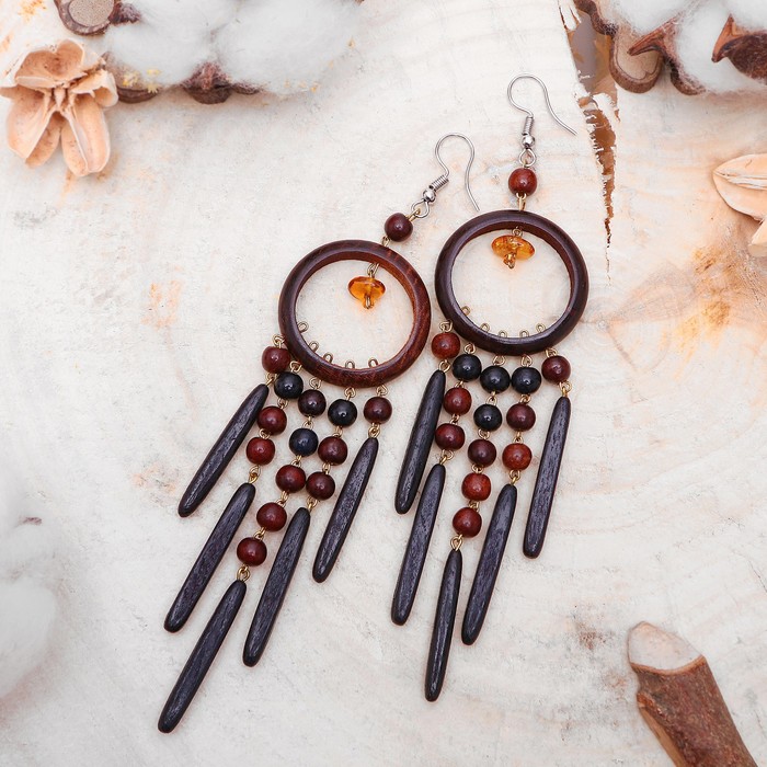 Серьги ручная работа, деревянные "Кольцо 5 палочек с янтарём", цвет МИКС