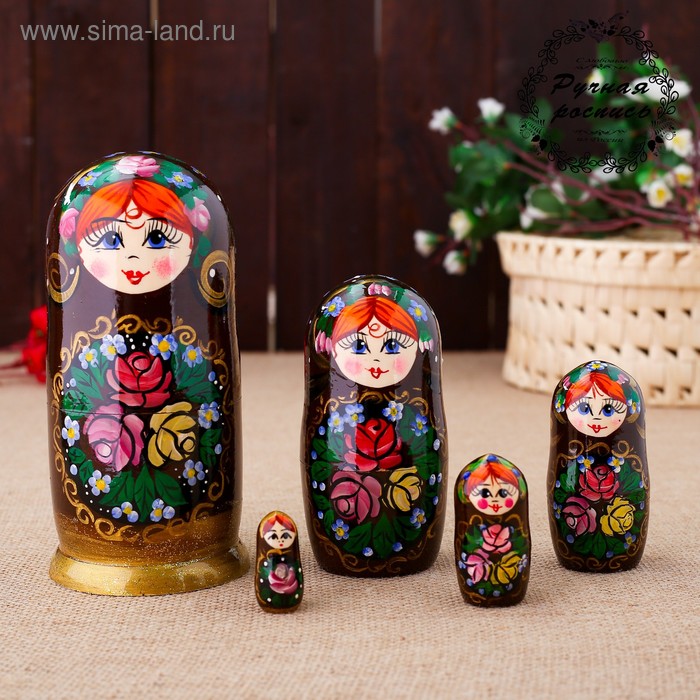 фото Матрёшка «цветы», коричневый платок, 5 кукольная, 17 см, микс