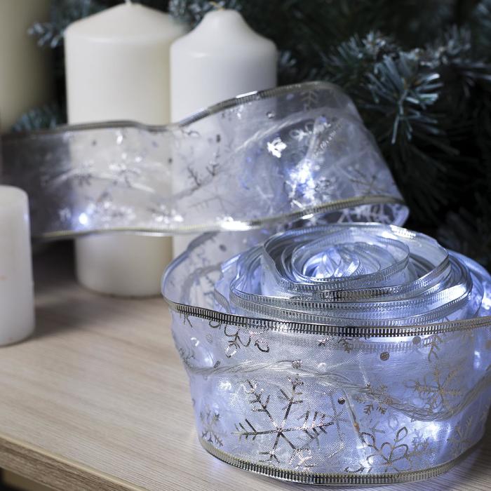 НИТЬ Лента "Снежинки серебристые" 9 м, ширина 6 см, LED-72-220V, кон. 8 р. БЕЛЫЙ