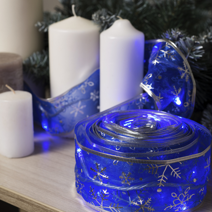 НИТЬ Лента "Снежинки серебристые" 9 м, ширина 6 см, LED-72-220V, контр. 8 р. СИНИЙ