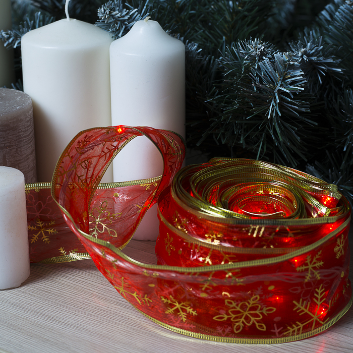 НИТЬ Лента "Снежинки золотистые" 9 м, ширина 6 см, LED-72-220V, кон. 8 р. КРАСНЫЙ