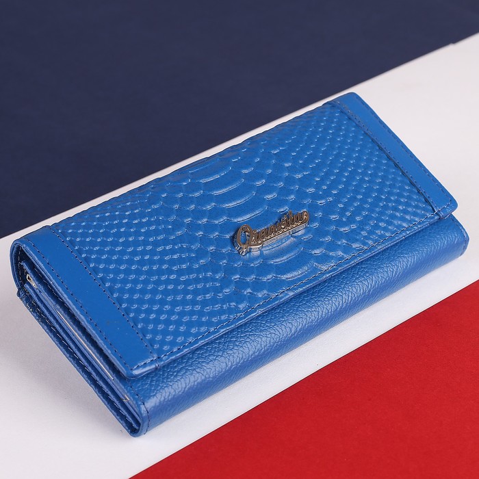 Кошелёк женский, 4 отдела, 2 отдела рамка, для карт на клапане, наружный карман, цвет голубой